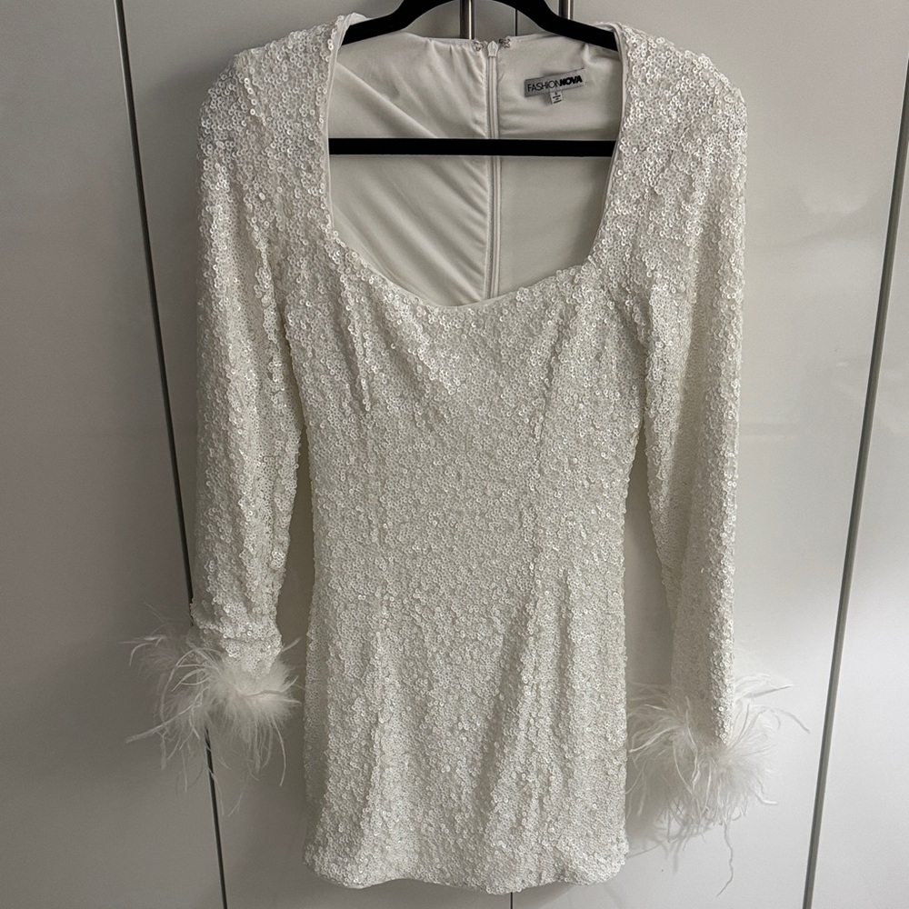 Fashion Nova White Long Sleeve Sequin Dress